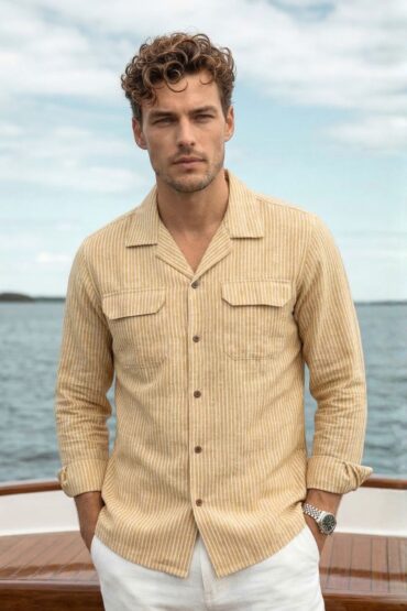 Beige Full Sleeve Khadi Stripe Cuban Shirt for Men