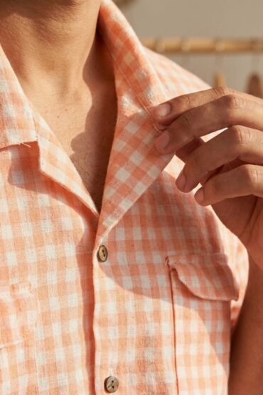Peach Gingham Checkered Khadi Full Sleeve Shirt