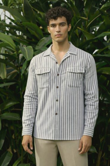 Stripe Grey & White Cuban Collar Shirt