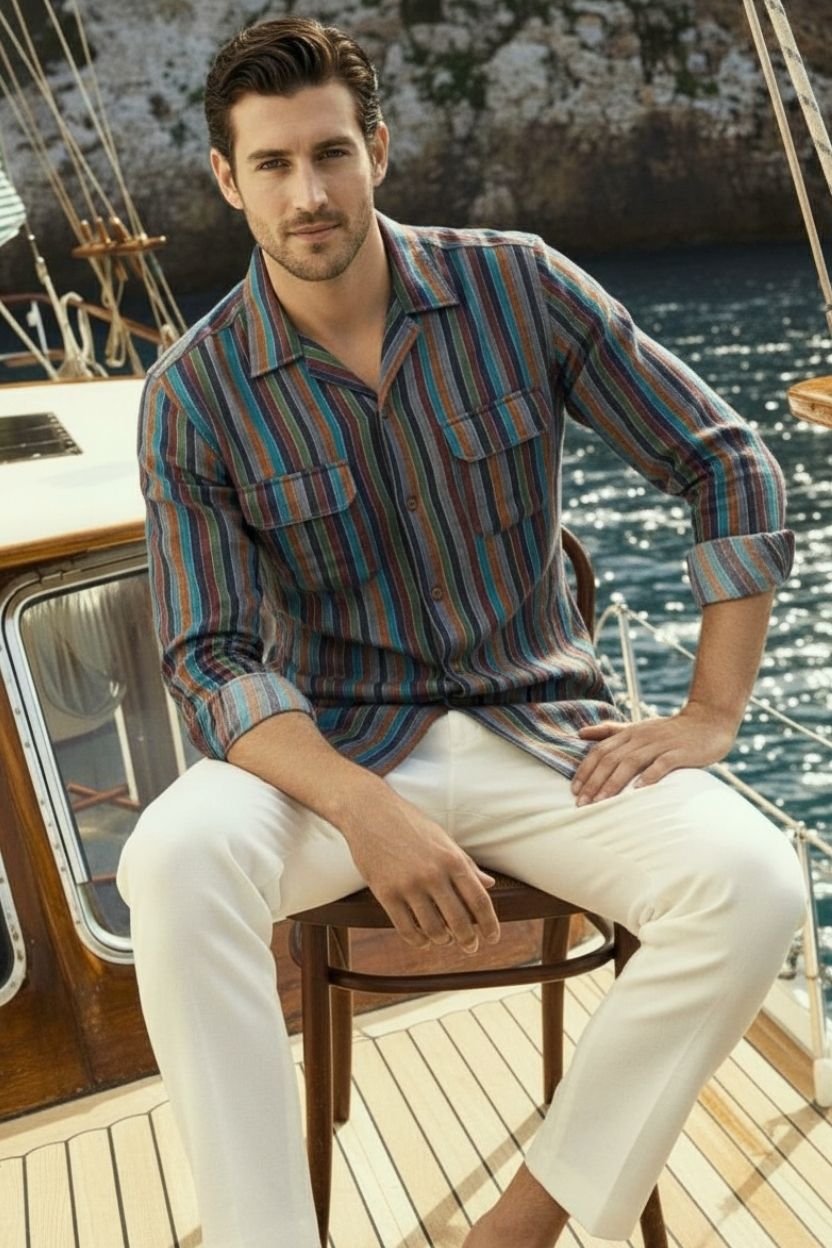 Textured Foil Stripe Khadi Cuban Collar Shirt - Image 2