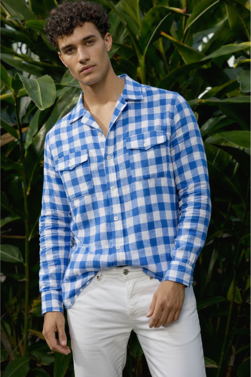 Blue Gingham Checkered Khadi Casual Cuban Shirt