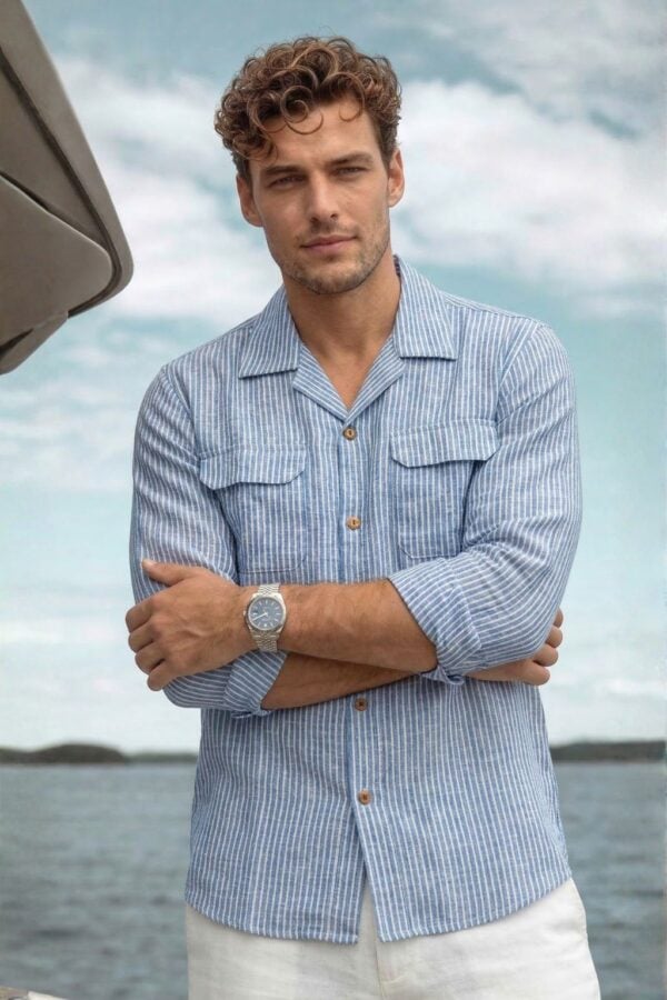 Stripe Blue & White Cuban Collar Shirt