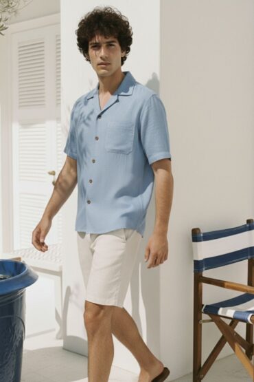 Linen Sky Blue Cuban Collar Shirt Half Sleeve