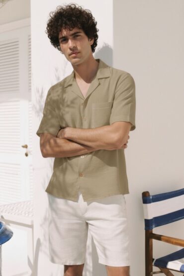 Men's Camp Collar Linen Beige Shirt Half Sleeve