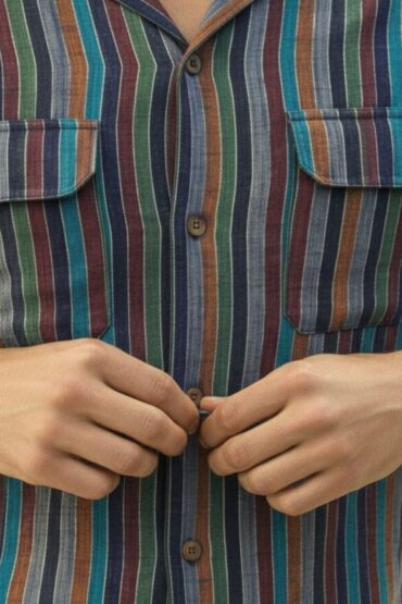 Textured Foil Stripe Khadi Cuban Collar Shirt