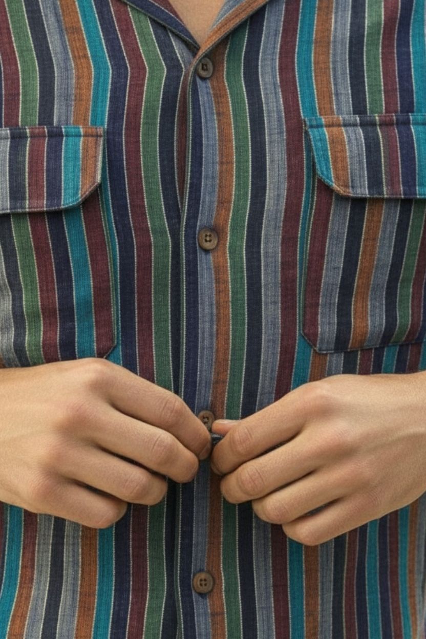 Textured Foil Stripe Khadi Cuban Collar Shirt - Image 3