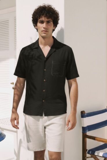 Classic Linen Black Camp Collar Shirt for Men