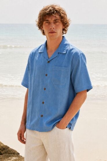 Linen Sky Blue Cuban Collar Shirt Half Sleeve