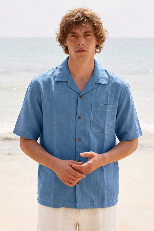 Linen Sky Blue Cuban Collar Shirt Half Sleeve