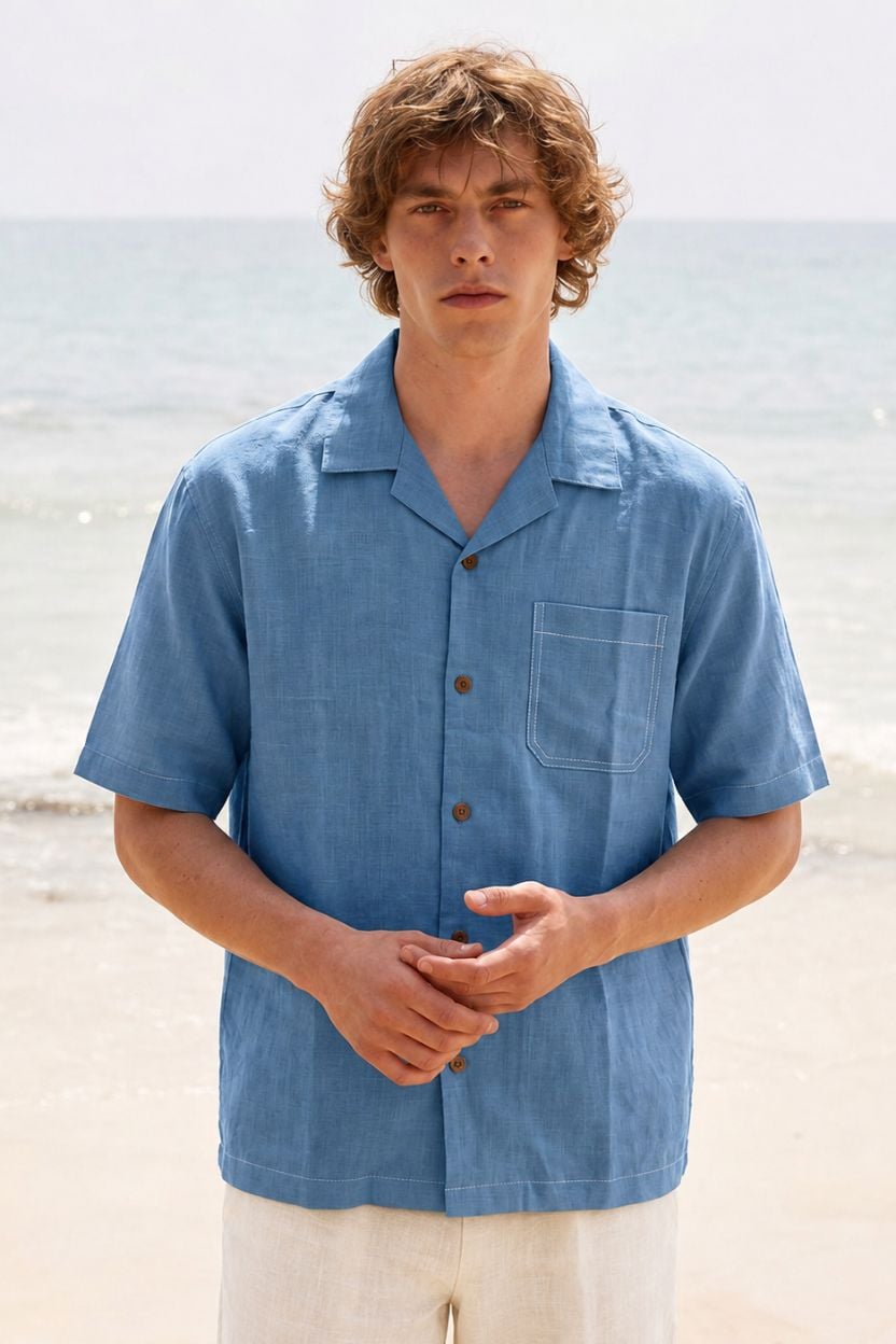 Linen Sky Blue Cuban Collar Shirt Half Sleeve - Image 2