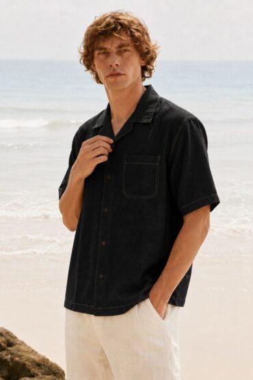 Classic Linen Black Camp Collar Shirt for Men