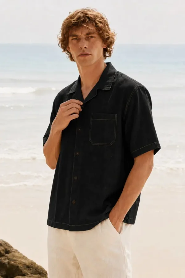 Classic Linen Black Camp Collar Shirt for Men