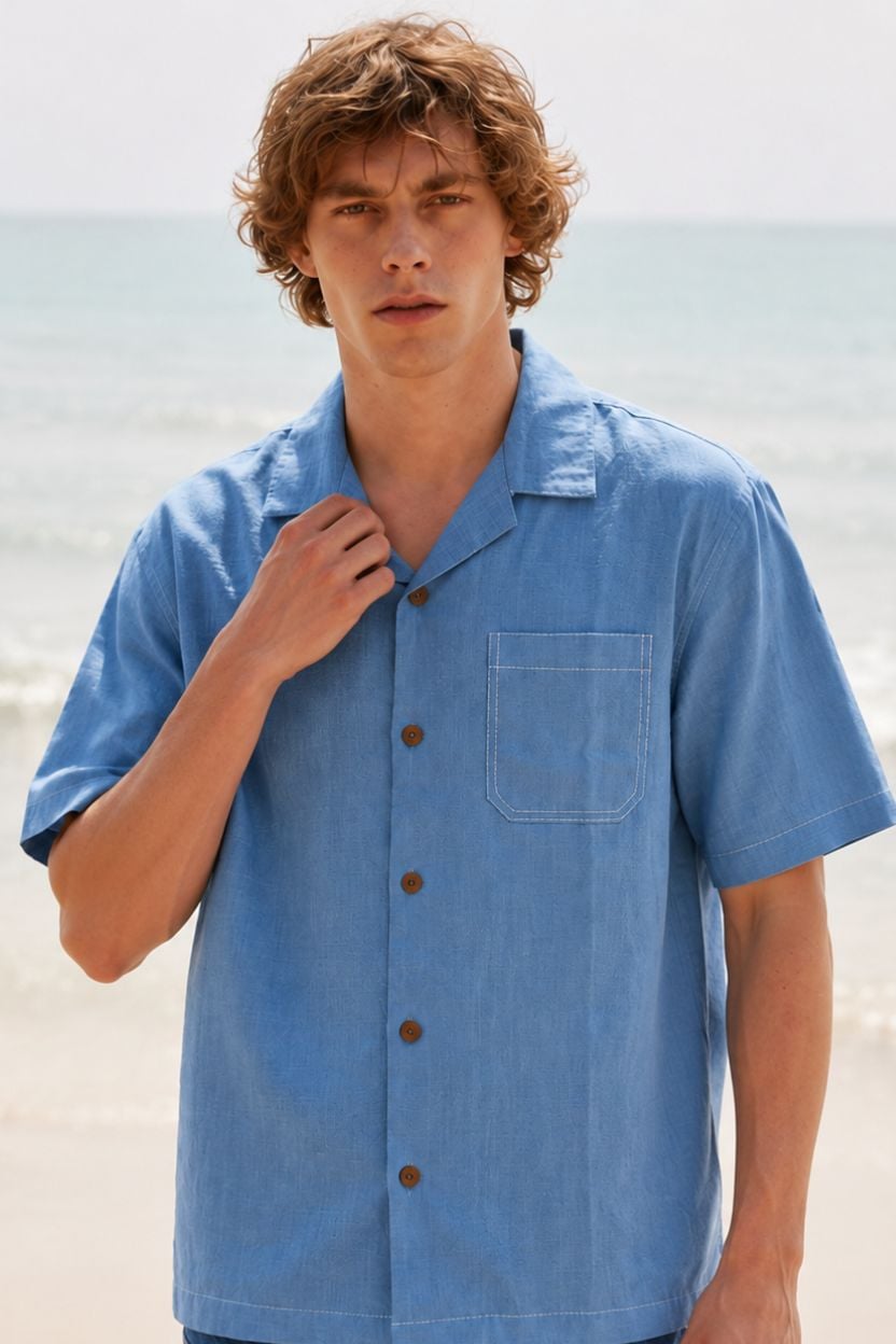 Linen Sky Blue Cuban Collar Shirt Half Sleeve - Image 3