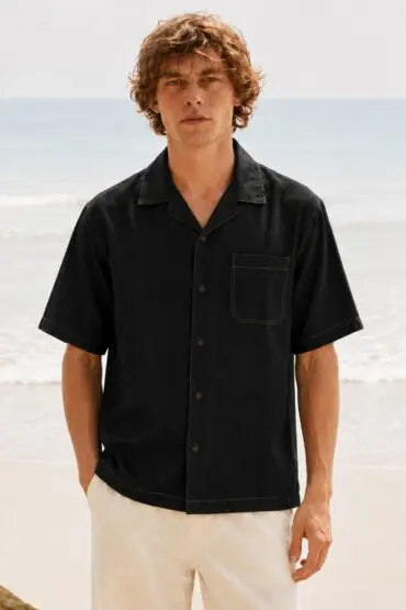 Classic Linen Black Camp Collar Shirt for Men