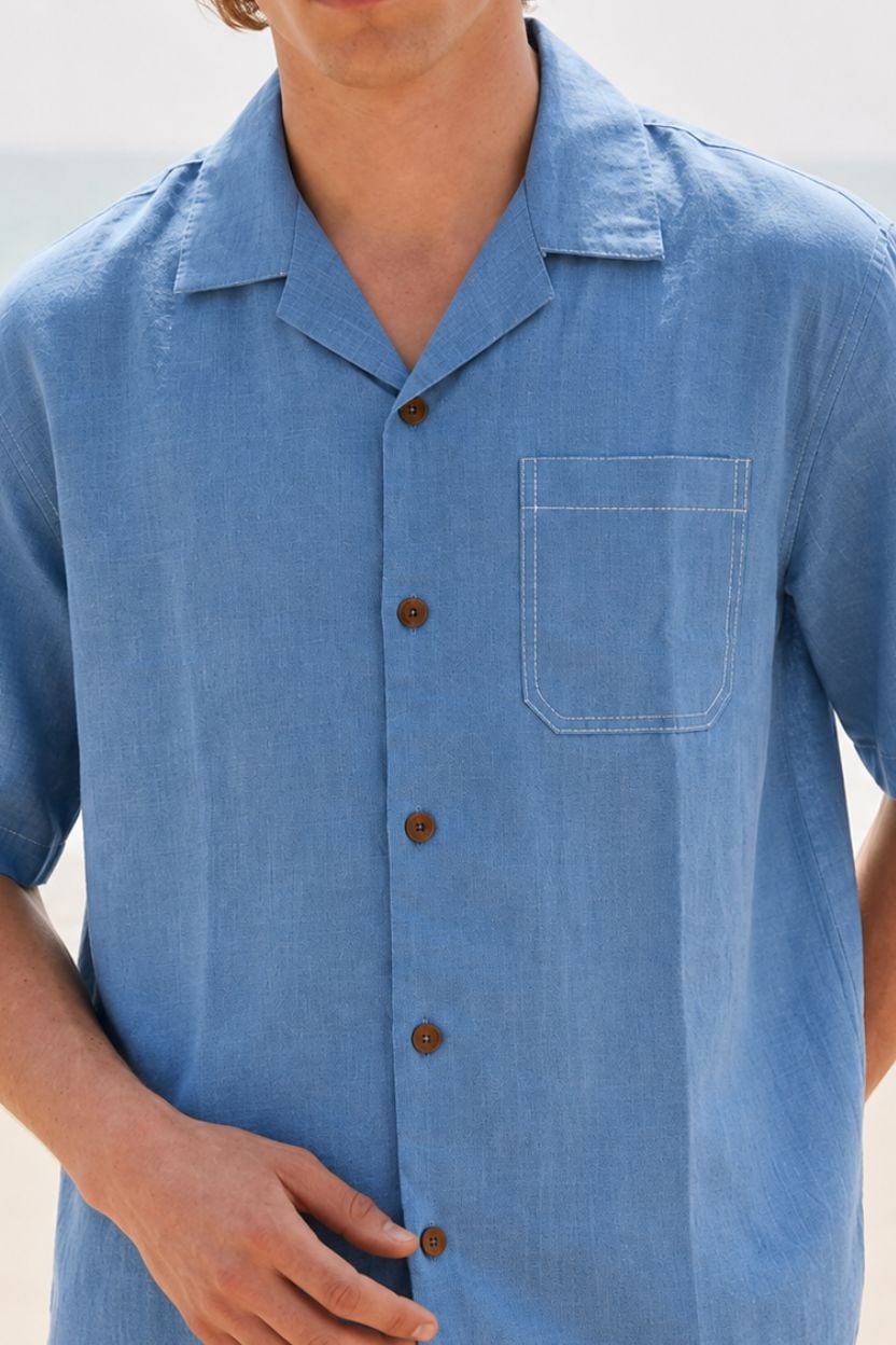 Linen Sky Blue Cuban Collar Shirt Half Sleeve - Image 4