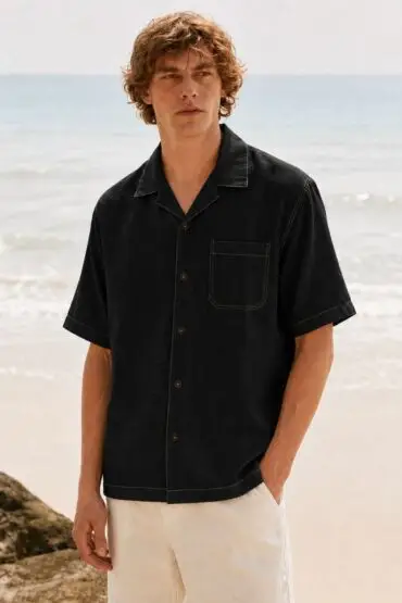 Classic Linen Black Camp Collar Shirt for Men