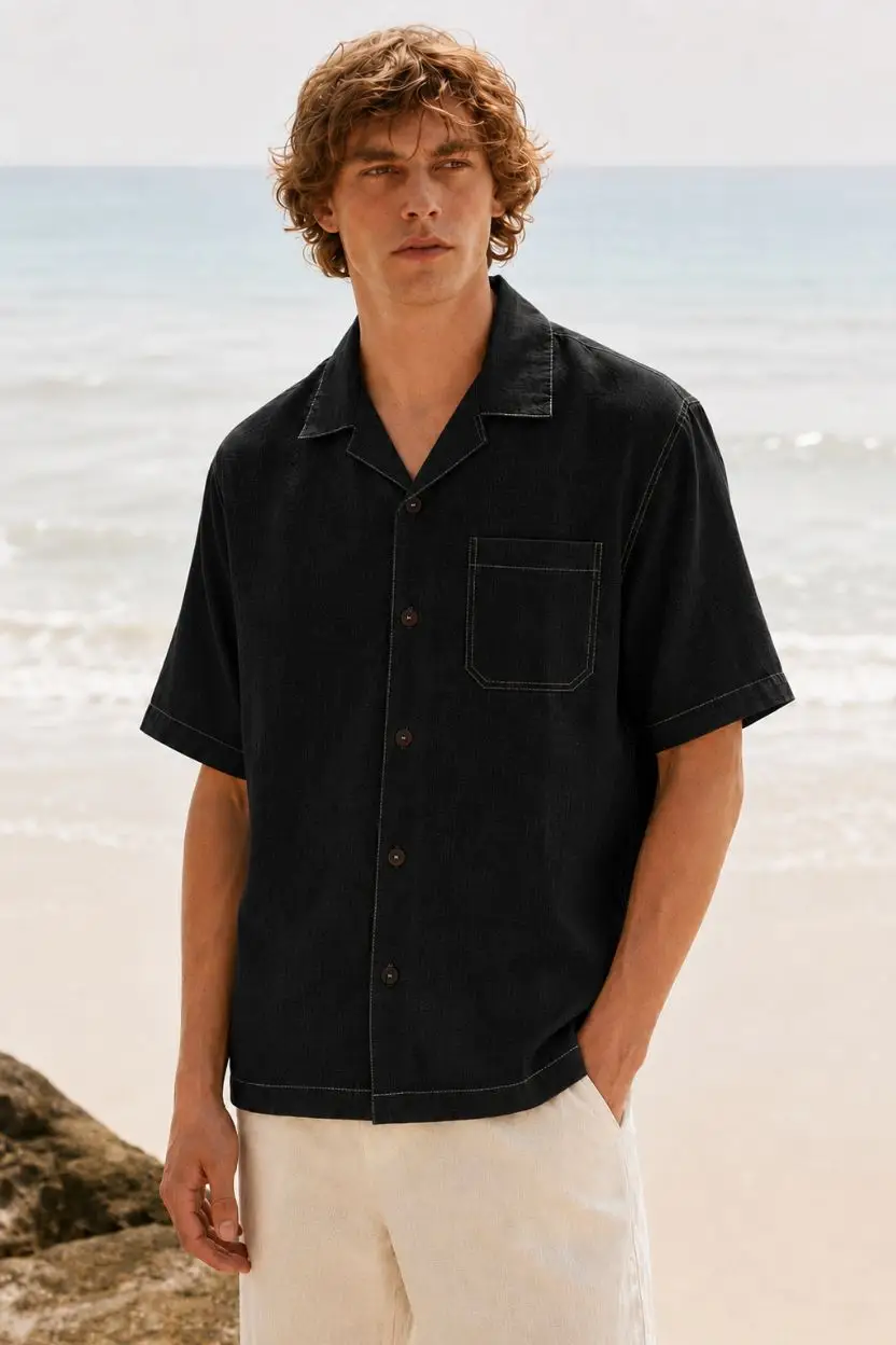 Classic Linen Black Camp Collar Shirt for Men - Image 3