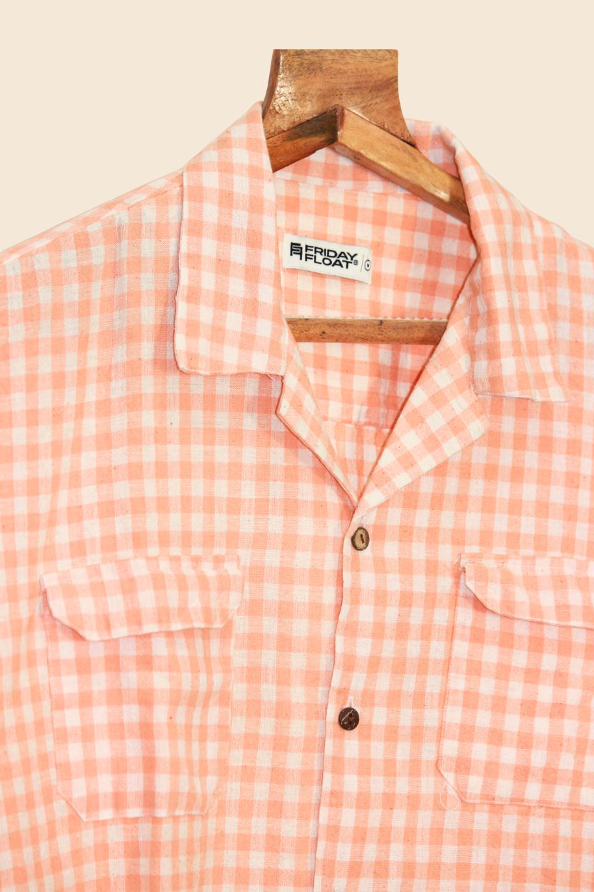 Peach Gingham Checkered Khadi Full Sleeve Shirt - Image 2