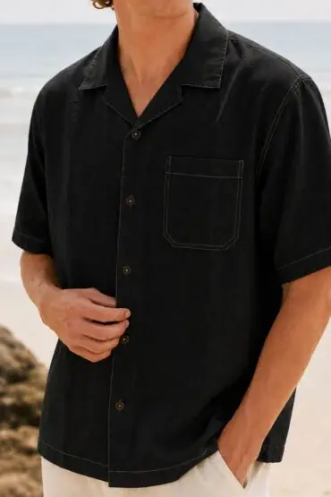 Classic Linen Black Camp Collar Shirt for Men