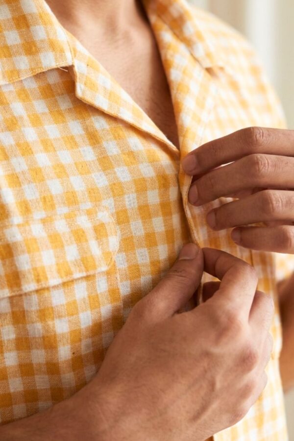 Yellow Checkered Khadi Camp Collar Shirt