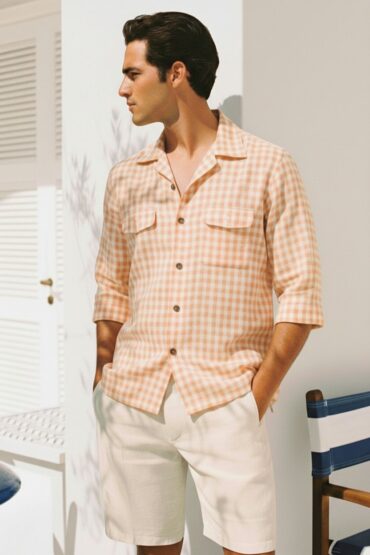 Peach Gingham Checkered Khadi Full Sleeve Shirt