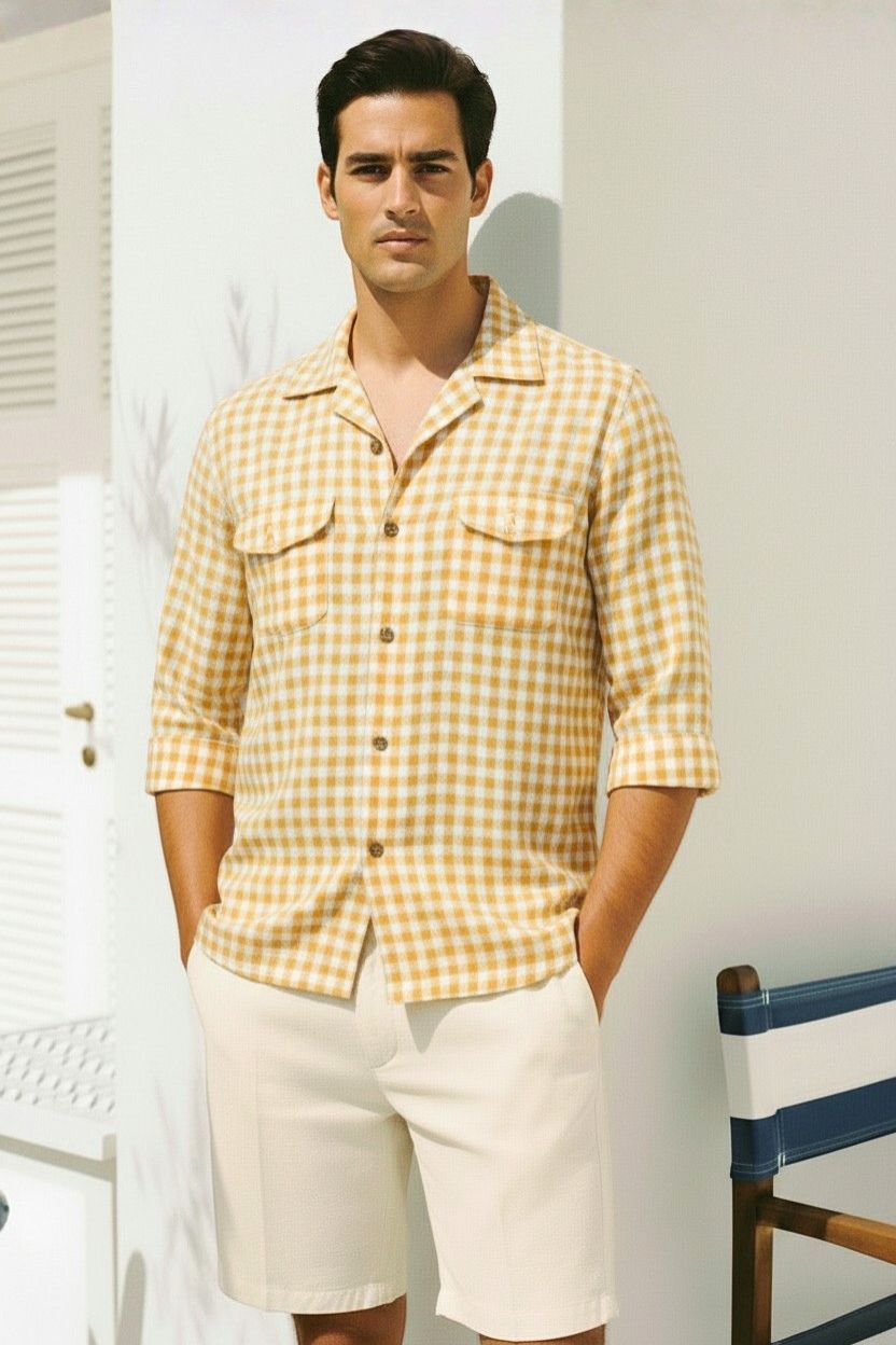 Yellow Checkered Khadi Camp Collar Shirt