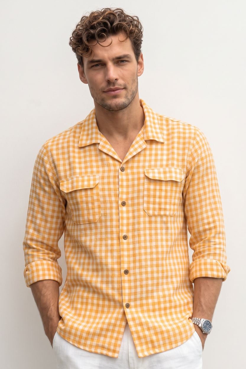 Yellow Checkered Khadi Camp Collar Shirt