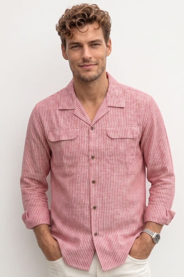 Full Sleeve Stripe Red Khadi Shirt Men