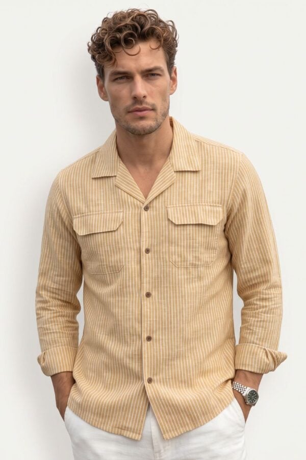 Beige Full Sleeve Khadi Stripe Cuban Shirt for Men