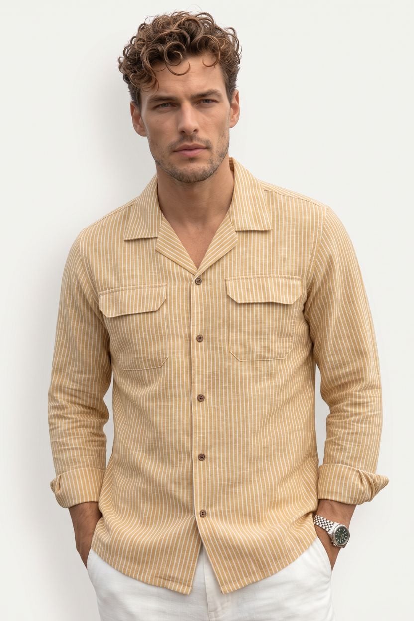 Beige Full Sleeve Khadi Stripe Cuban Shirt for Men