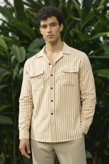 Beige Full Sleeve Khadi Stripe Cuban Shirt for Men