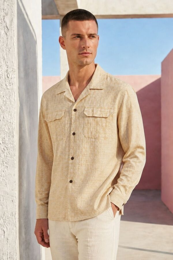 Beige Textured Check Cuban Collar Shirt