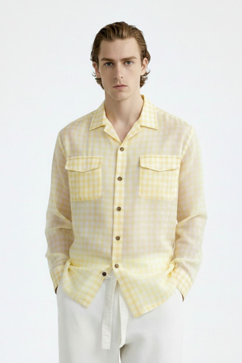Yellow Mini Gingham Cuban Collar Cotton Shirt for Men - Image 3