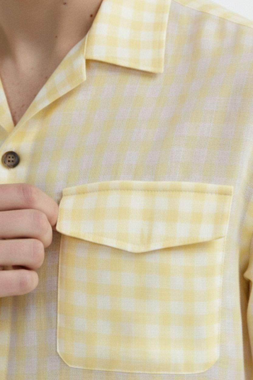 Yellow Mini Gingham Cuban Collar Cotton Shirt for Men - Image 4