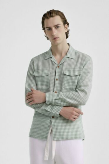 Sage Green Micro Check Cuban Collar Shirt