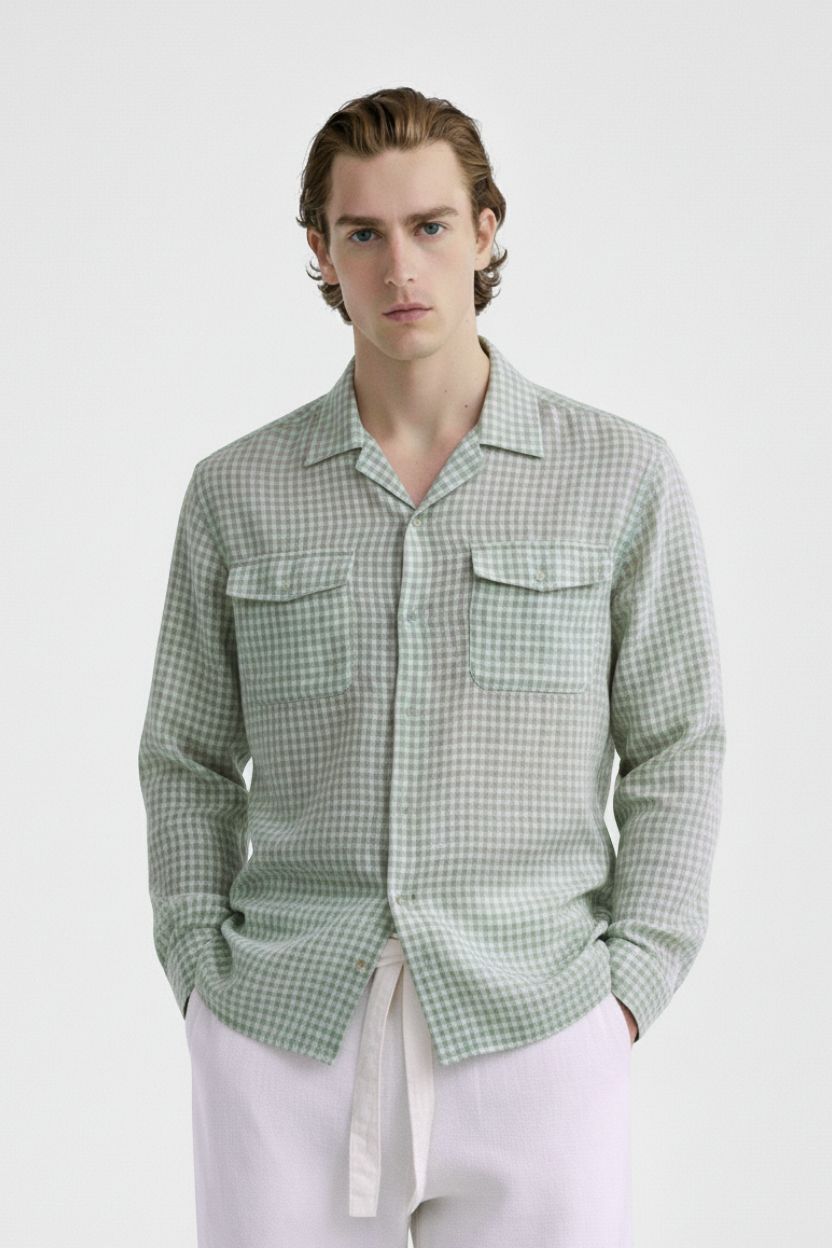 Sage Green Micro Check Cuban Collar Shirt - Image 2