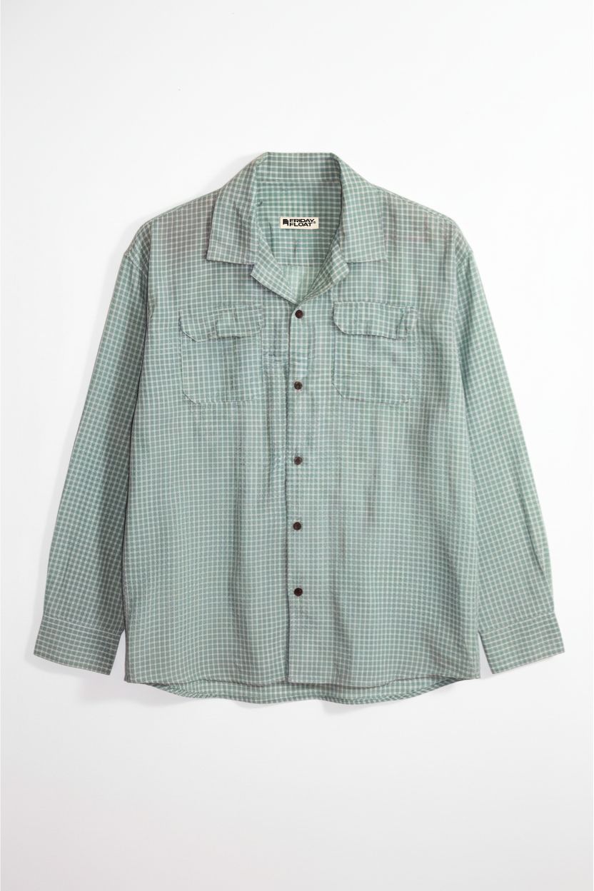 Sage Green Micro Check Cuban Collar Shirt - Image 3