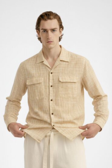 Beige Textured Check Cuban Collar Shirt