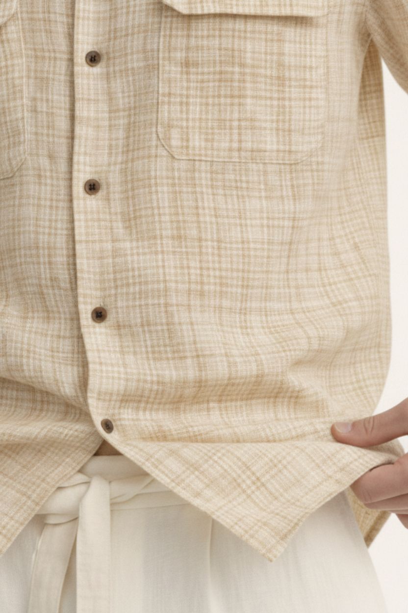 Beige Textured Check Cuban Collar Shirt - Image 2