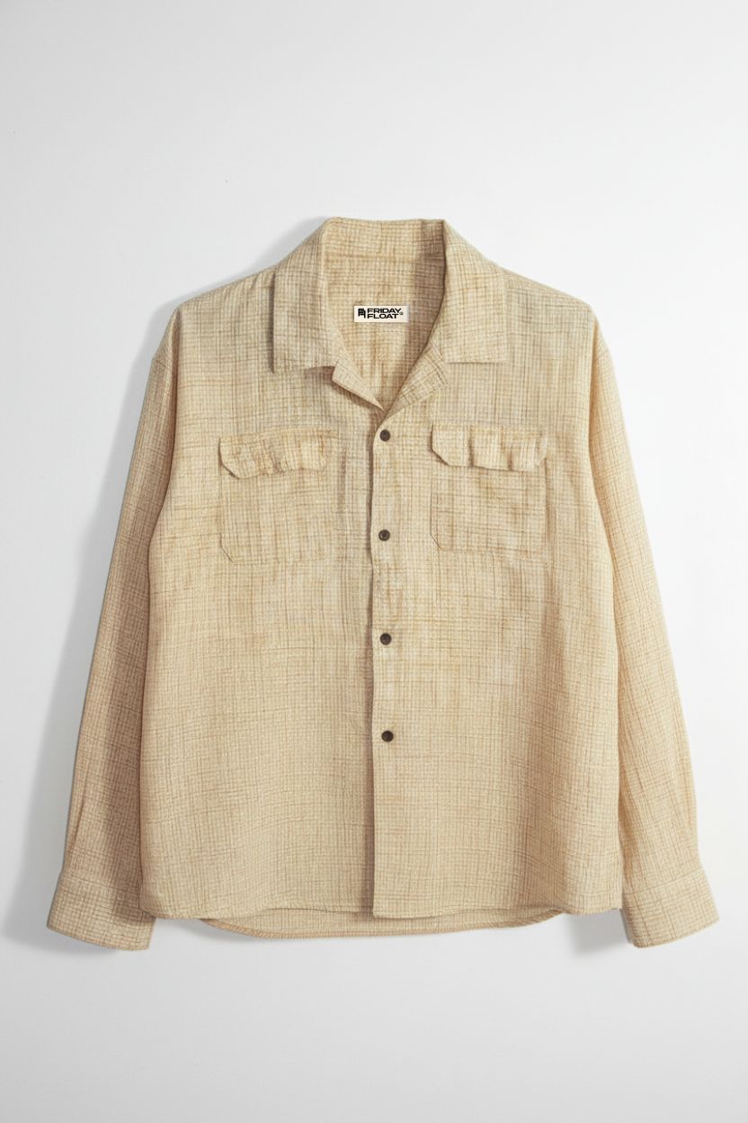 Beige Textured Check Cuban Collar Shirt - Image 3