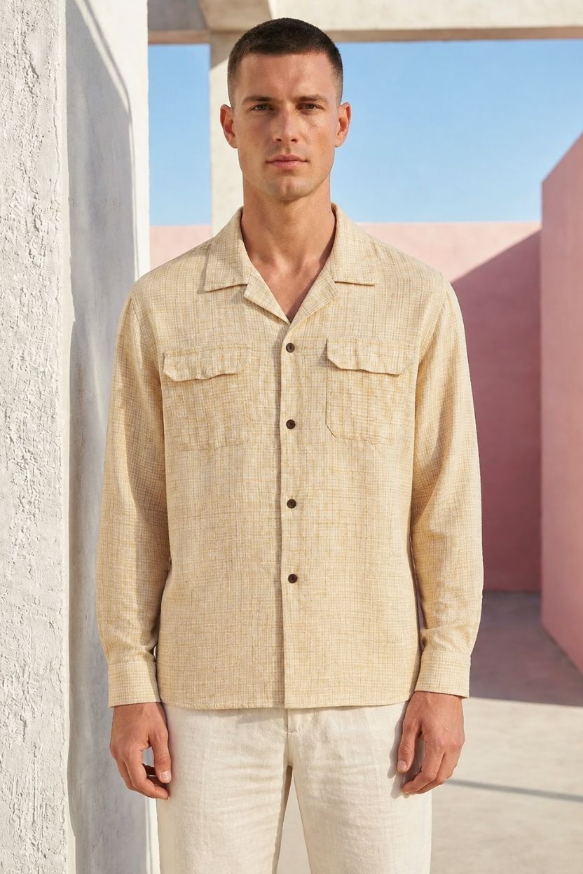 Beige Textured Check Cuban Collar Shirt - Image 3