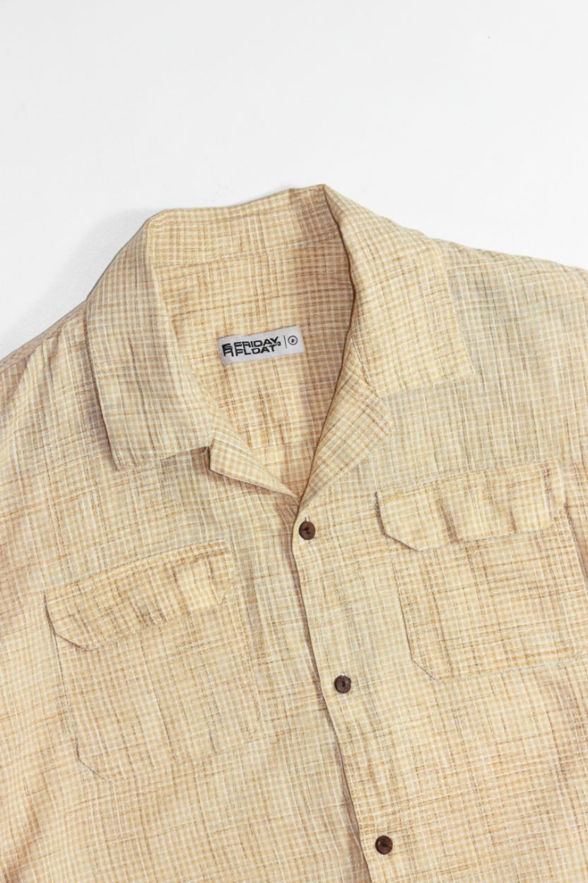 Beige Textured Check Cuban Collar Shirt - Image 4
