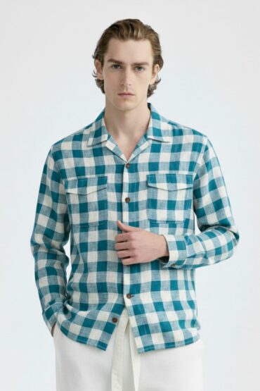 Teal Blue Large Check Cuban Collar Shirt
