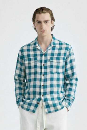 Teal Blue Large Check Cuban Collar Shirt