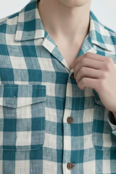 Teal Blue Large Check Cuban Collar Shirt