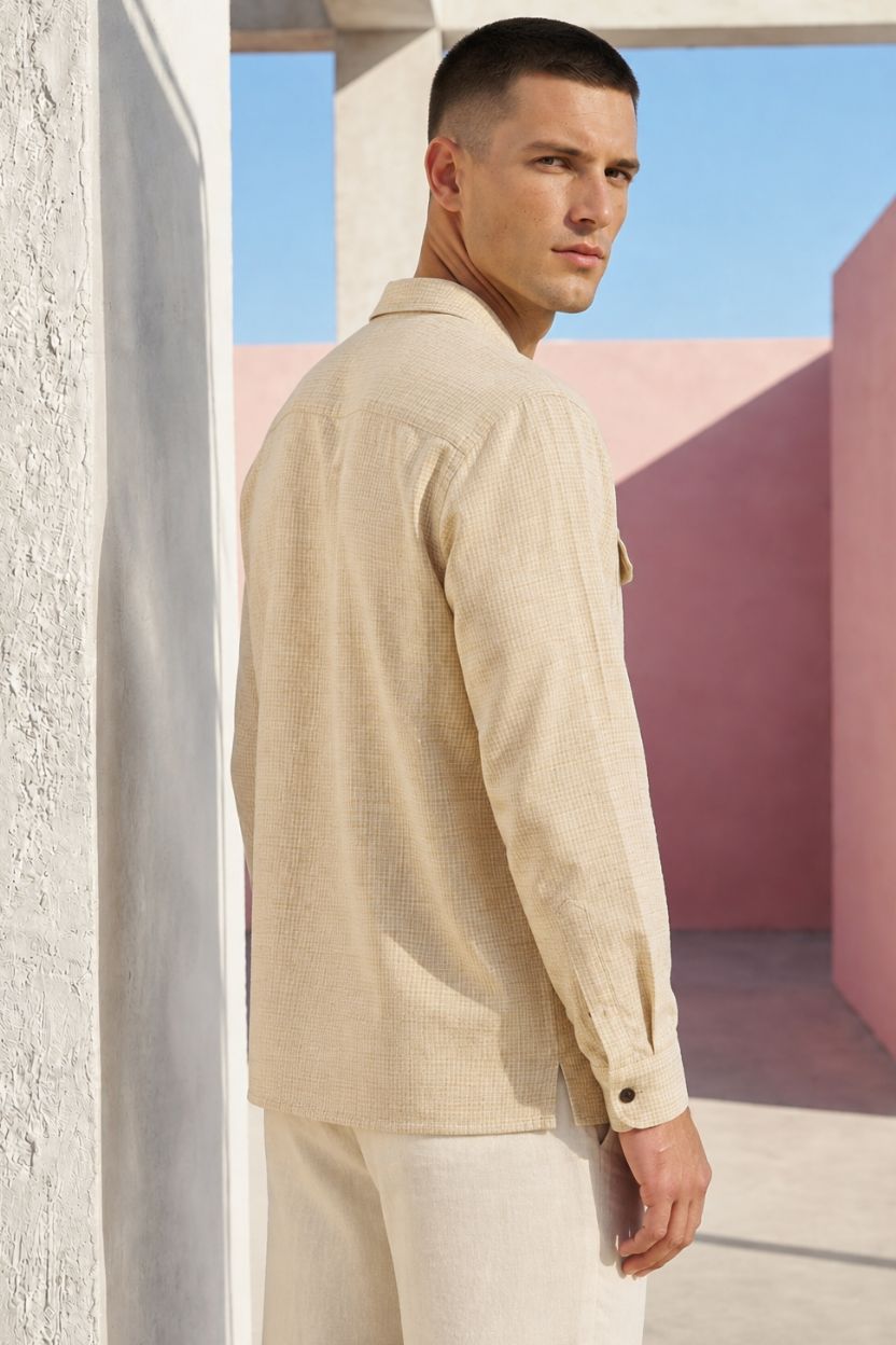 Beige Textured Check Cuban Collar Shirt - Image 4