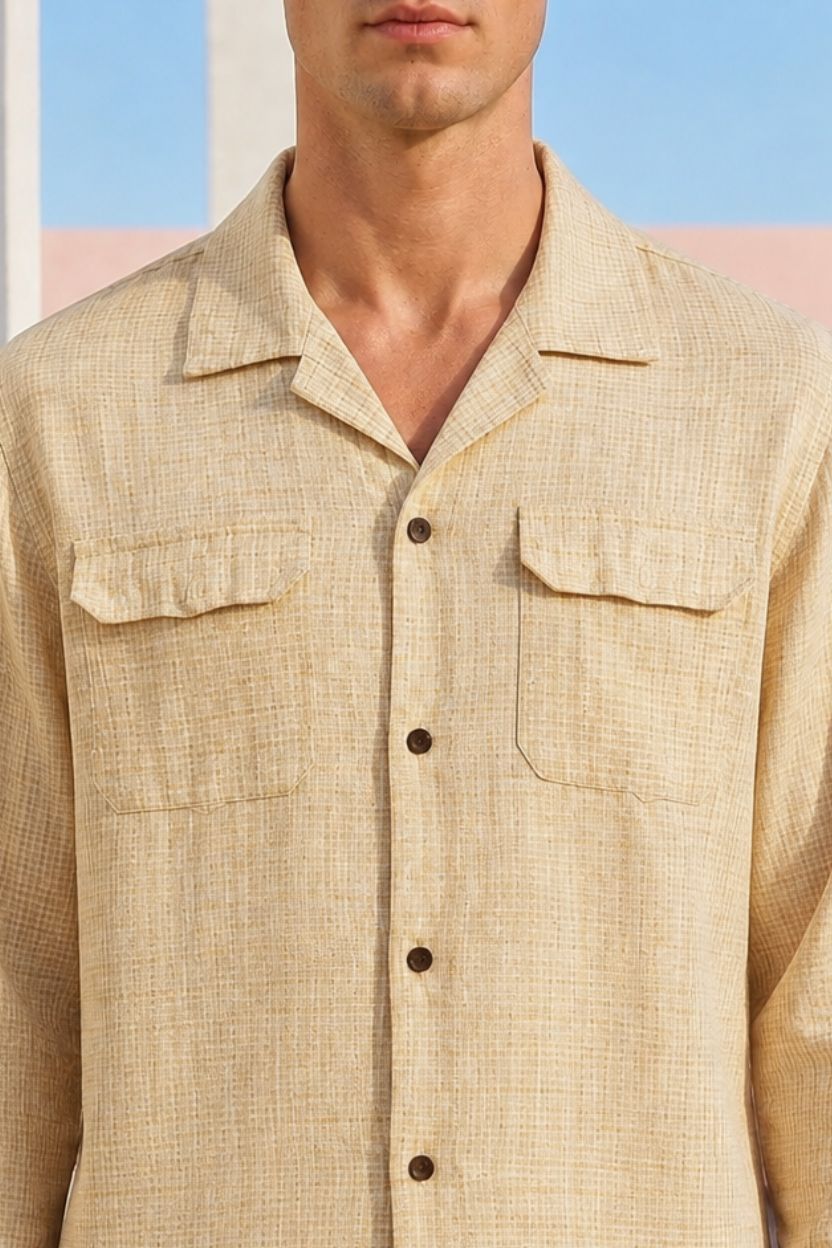 Beige Textured Check Cuban Collar Shirt - Image 5