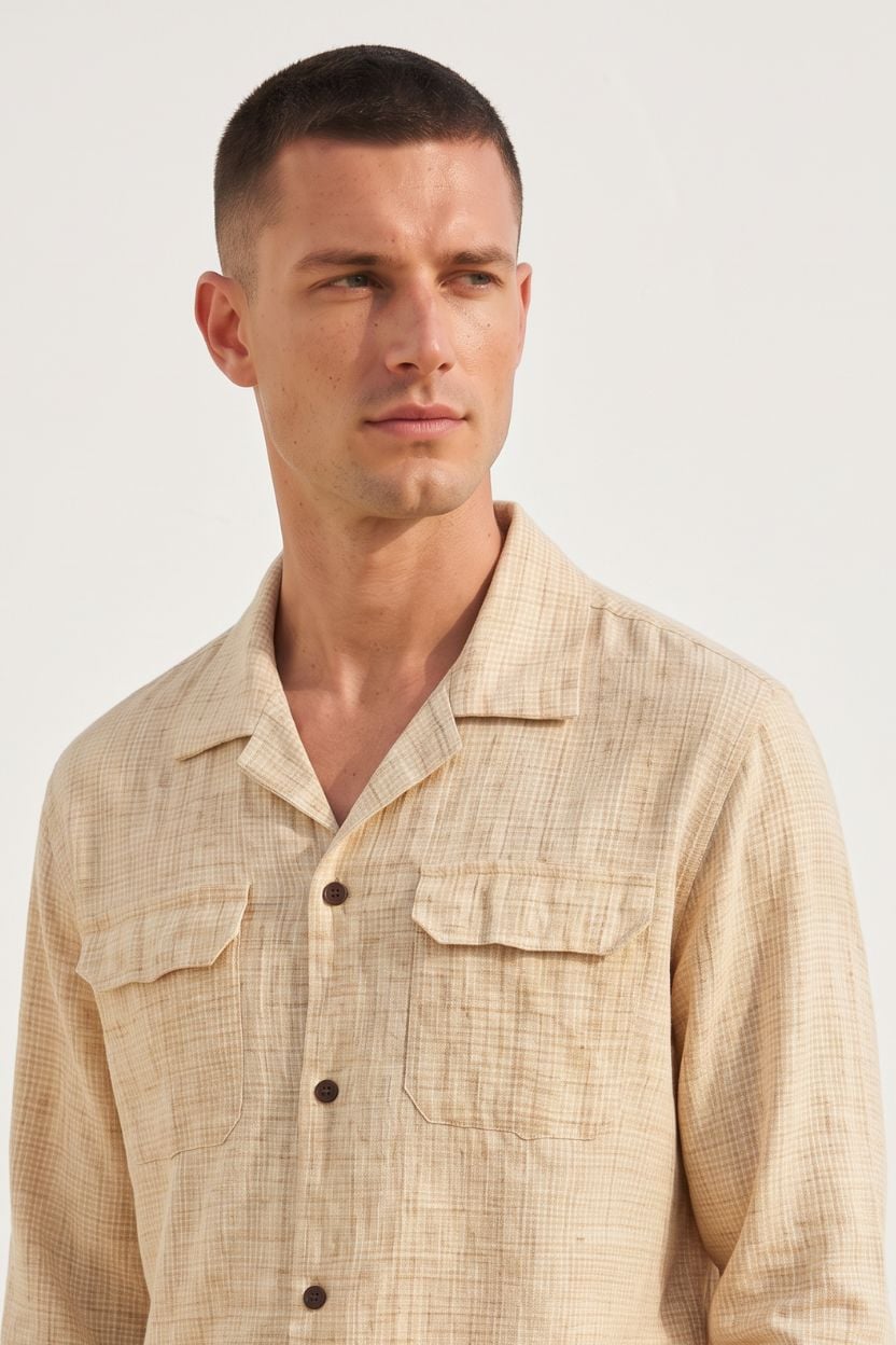 Beige Textured Check Cuban Collar Shirt