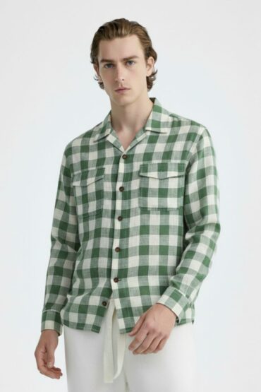 Green Large Check Cuban Collar Cotton Casual Shirt for Men