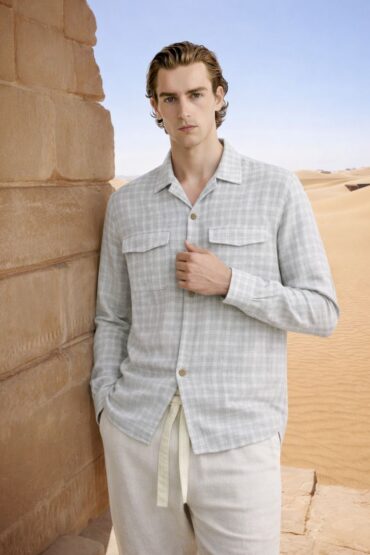 Light Grey Mini Check Cuban Collar Cotton Shirt for Men